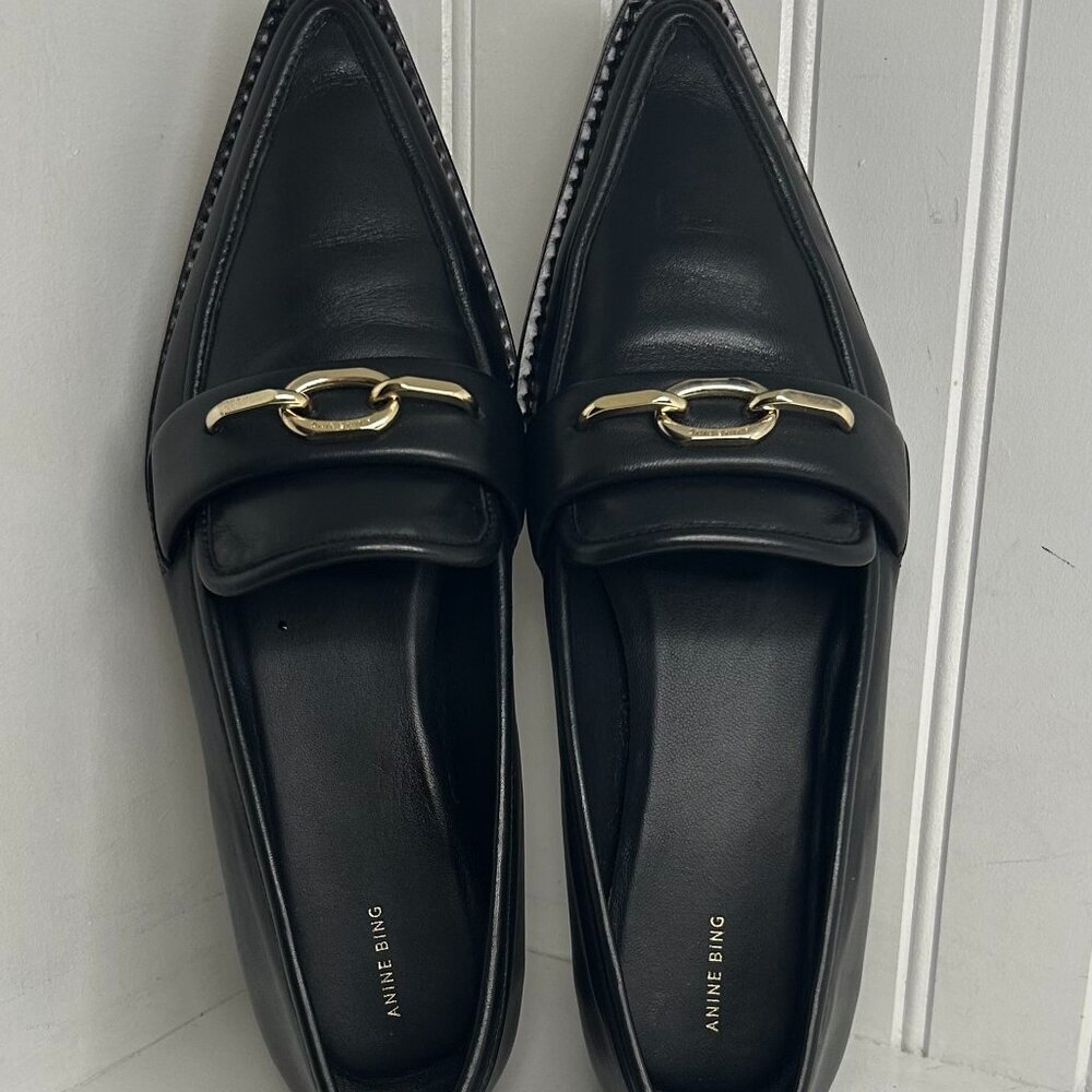 Anine Bing Black Loafers with Gold Accent